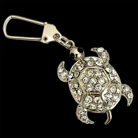Crystal Sea Turtle Keychain Zipper Pull Purse Charm Backpack Silver Tone Moving - Picture 2 of 10